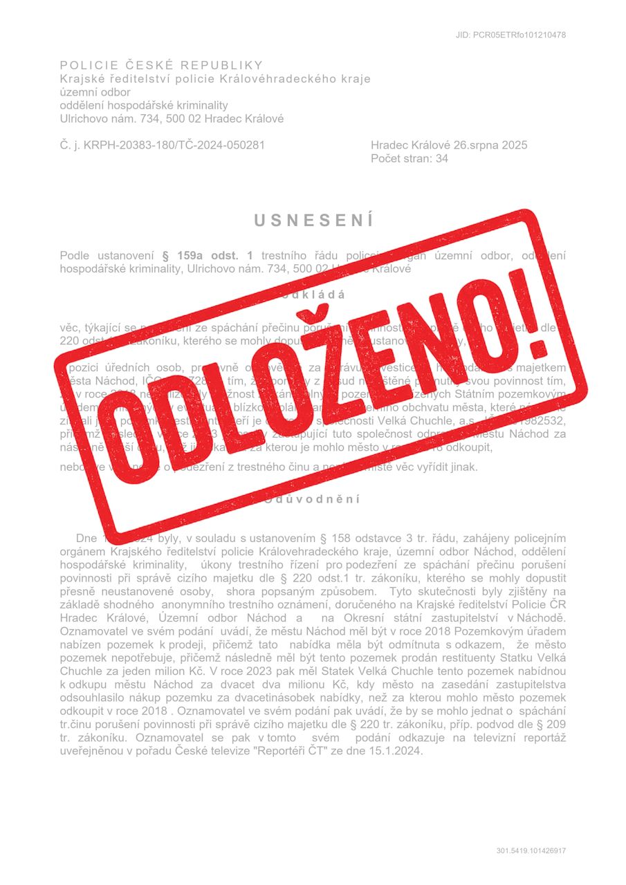 Stanovisko vedení města Náchoda k ukončenému šetření Policie ČR ve věci nákupu pozemků bývalé Sempry